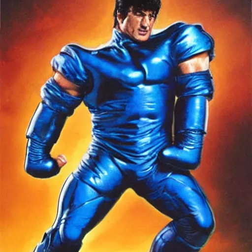 Prompt: sylvester stallone in blue metal cyber suit, art by bisley