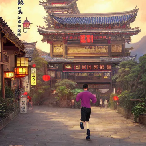 Prompt: portrait of a man running in jiufen taiwan, an oil painting by ross tran and thomas kincade, studio ghibli