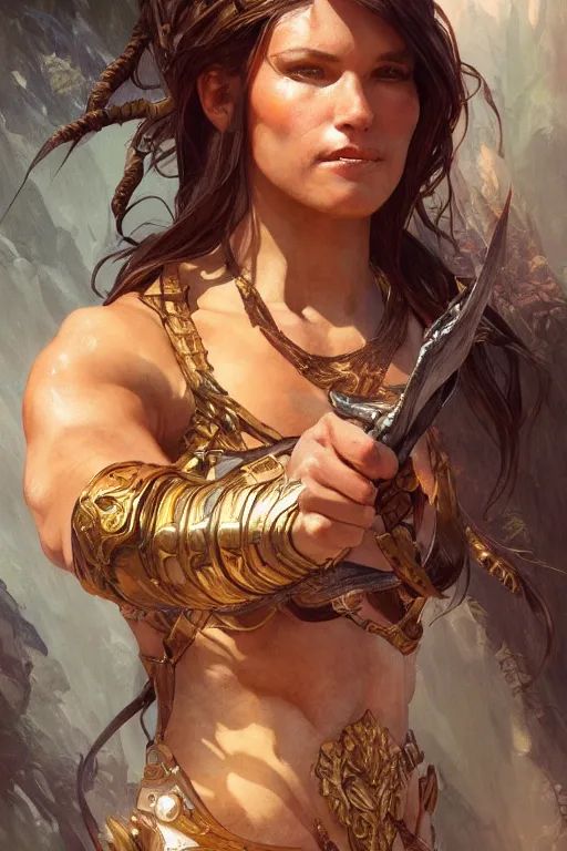 Image similar to portrait of an amazon, muscular, upper body, D&D, fantasy, intricate, cinematic lighting, highly detailed, digital painting, artstation, concept art, smooth, sharp focus, illustration, art by Artgerm and Greg Rutkowski and Alphonse Mucha