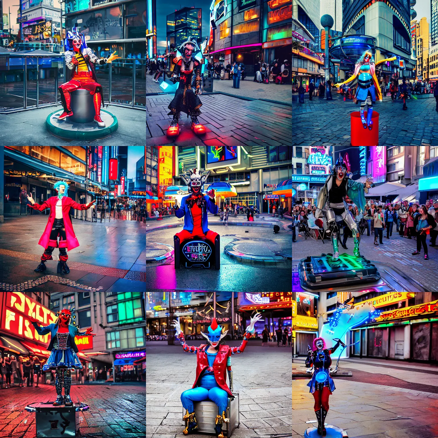 Prompt: a silly futuristic cyberpunk cyborg jester entertaining a crowd on a small box in the middle of the city square, futuristic, chrome, dystopia, neon signs, puddles, high definition, realistic, photograph, photorealistic, cinematic, aesthetically pleasing