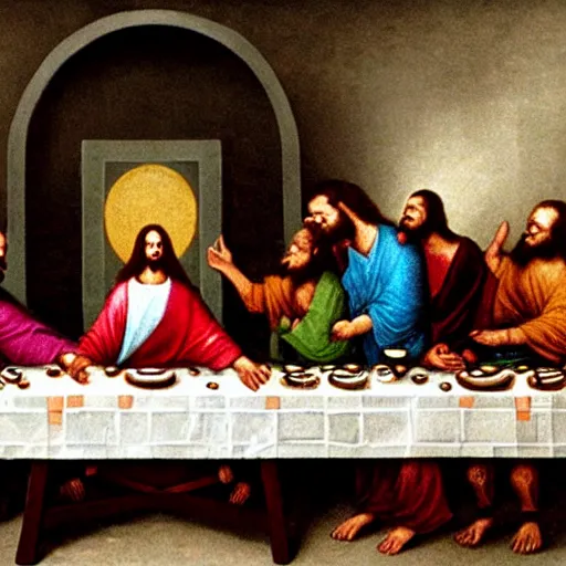 Image similar to the last supper with an alien sitting in the middle of the table