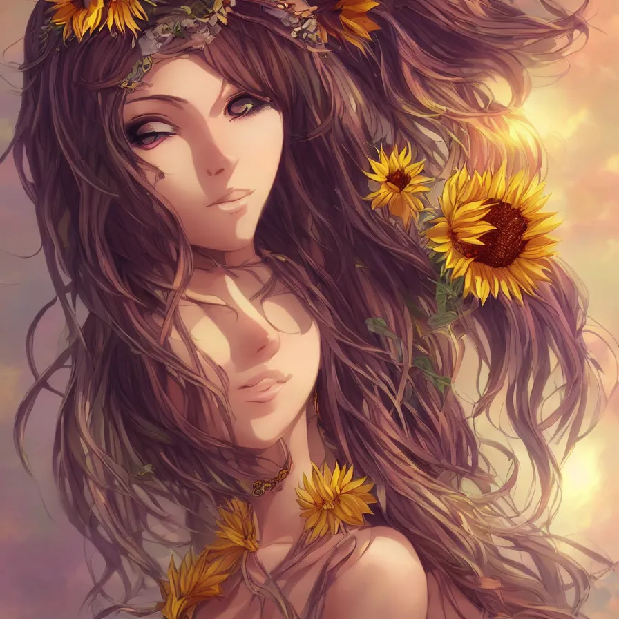 Image similar to The sunflower queen-goddess as an anime character digital illustration portrait design by Ross Tran, artgerm detailed, soft lighting