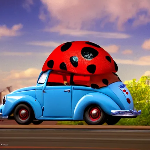 Image similar to a hybrid giant lady bug is merged with'herbie the love bug'car, digital art, hyperrealistic, imax, 7 0 mm, movie still