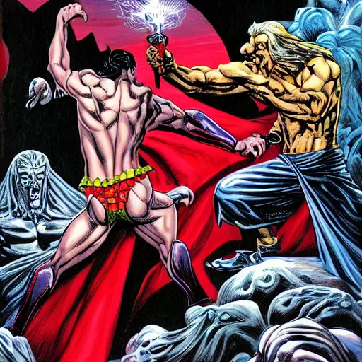 Prompt: Dracula vs Zeus by Joe Jusko