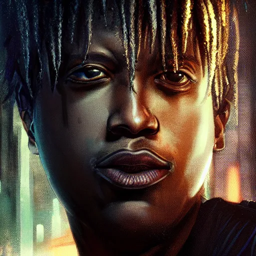 Image similar to cyberpunk, closeup portrait of a juice wrld, dramatic light, city background, sunset, dystopian setting, high contrast, sharp, neuromancer, henry dorsett case, painted by stanley lau, painted by greg rutkowski, painted by stanley artgerm, digital art, trending on artstation