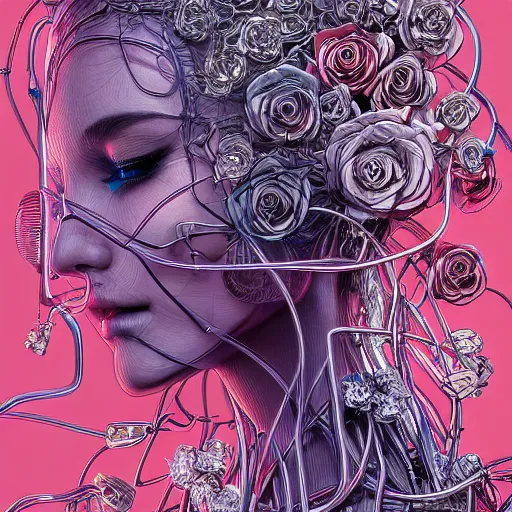 Image similar to the anatomy of a head of wires with electric chrome roses that resemble a beautiful woman, an ultrafine detailed illustration by james jean, intricate linework, bright colors, final fantasy, behance contest winner, symmetry, vanitas, angular, altermodern, unreal engine 5 highly rendered, global illumination, radiant light, detailed and intricate environment