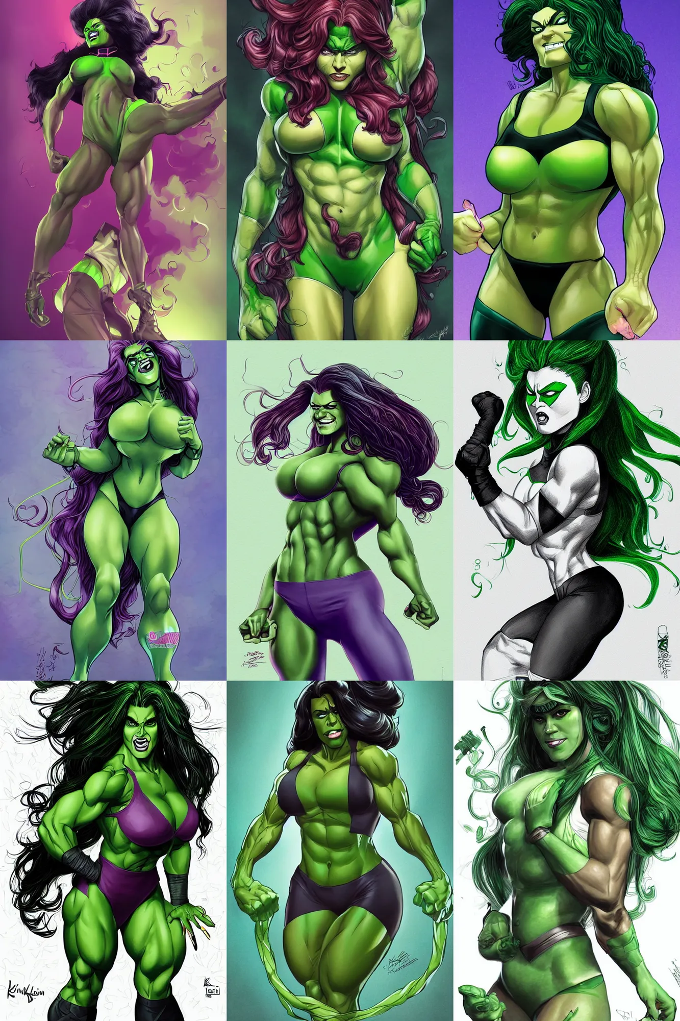 Prompt: Pokinane as She-Hulk, long hair, stunning appealing figure, alt fanart realistic illustration by Kim Sung Hwan beautiful Jen Bartel