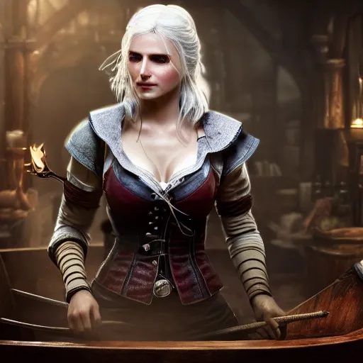 Image similar to Concept art of Ciri from the Witcher 3 in wooden bath, 8k, uhd