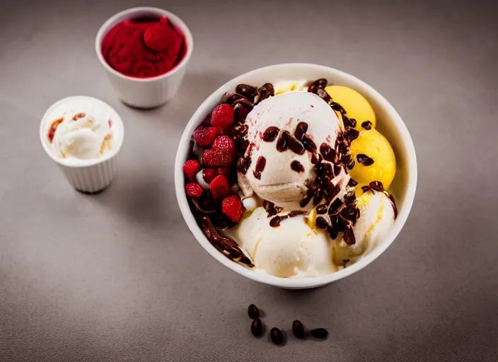 Image similar to dslr food photograph of ice cream sundae with baked bean topping, 8 5 mm f 1. 8