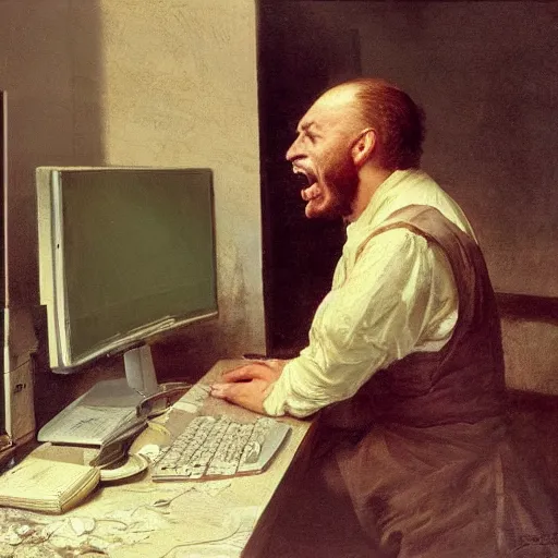 Image similar to an angry man yells at his computer monitor, oil on canvas, 1 8 8 3, highly detailed