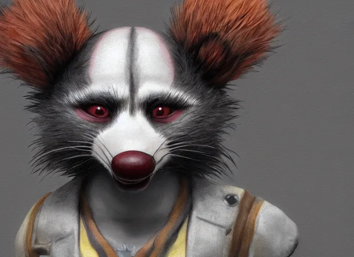Prompt: award - winning detailed concept art of a strange creepy clown iconic anthropomorphic raccoon character wearing clown makeup. art by wlop on bcy. net, realistic. detailed fur, art by cheng yi. artstationhd, artgerm, 3 dcg, pixar zootopia. 3 d rendering, high quality model sheet, disney. model sheet detailed