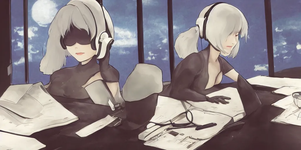 Prompt: 2b from nier automata sitting at a desk studying with cat ear headphones on, background is a tinted window looking out into a gigantic white Ghibli studio art, by Hayao Miyazaki, high quality anime, digital art, detailed facial features, imaginary slice of life