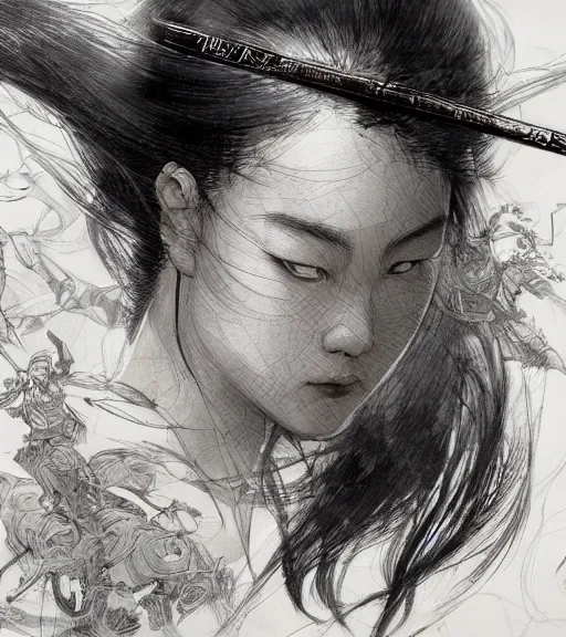 Image similar to hua mulan, pen and ink, intricate line drawings, by craig mullins, ruan jia, kentaro miura, greg rutkowski, loundraw