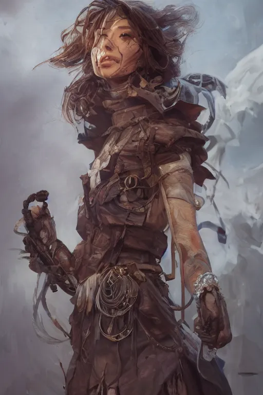 Image similar to A masterpiece portrait of a Incredibly beautiful queer Syberian post apocalyptic shaman girl . medium shot, intricate, elegant, highly detailed. trending on artstation, digital art, by Stanley Artgerm Lau, WLOP, Rossdraws, James Jean, Andrei Riabovitchev, Marc Simonetti, Yoshitaka Amano