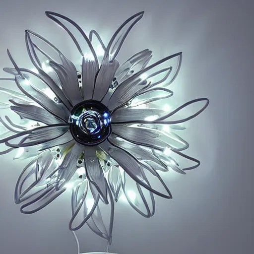 Image similar to a cybernetic, metallic, reflective orchid flower, LED lights, glowing, unreal engine