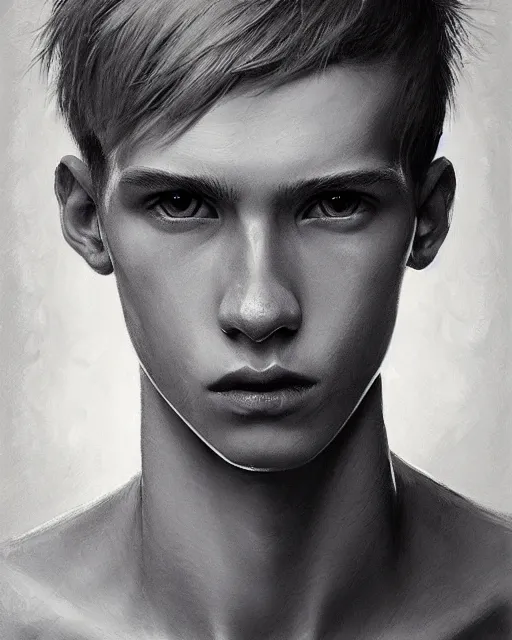 Image similar to portrait of 1 5 - year - old boy, a tall, slender boy with a pale, pointed face, white - blond hair, ice grey eyes, a pale complexion with sharp and pointed features, hyper realistic face, beautiful eyes, fantasy art, in the style of greg rutkowski, intricate, hyper detailed, smooth