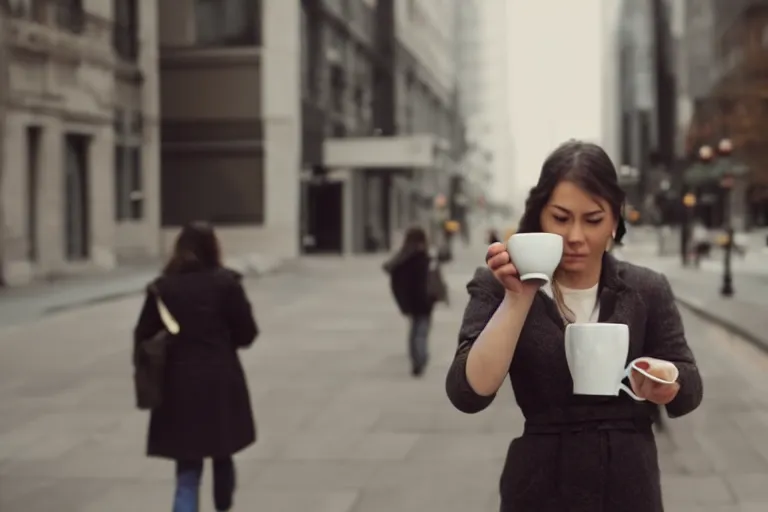 Image similar to Flim still of a woman drinking coffee, walking to work, long shot, wide shot, full shot