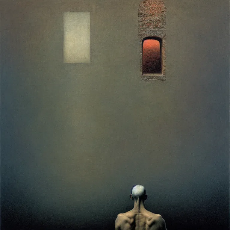 Image similar to a man looking at his mind pondering the absurdity of existence, by zdzisław beksinski and salvador dali, surreal, oil on canvas, hyper detailed, soft