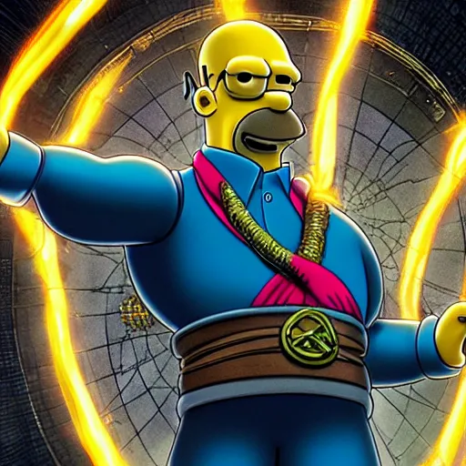 Prompt: A still of Homer Simpson as Dr. Strange. Extremely detailed. Beautiful. 4K. Award winning.