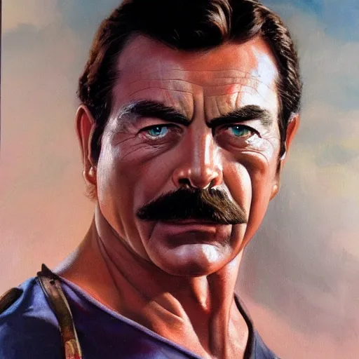 Image similar to ultra realistic portrait painting of tom selleck as sphynx, art by frank frazetta, 4 k, ultra realistic, highly detailed, epic lighting