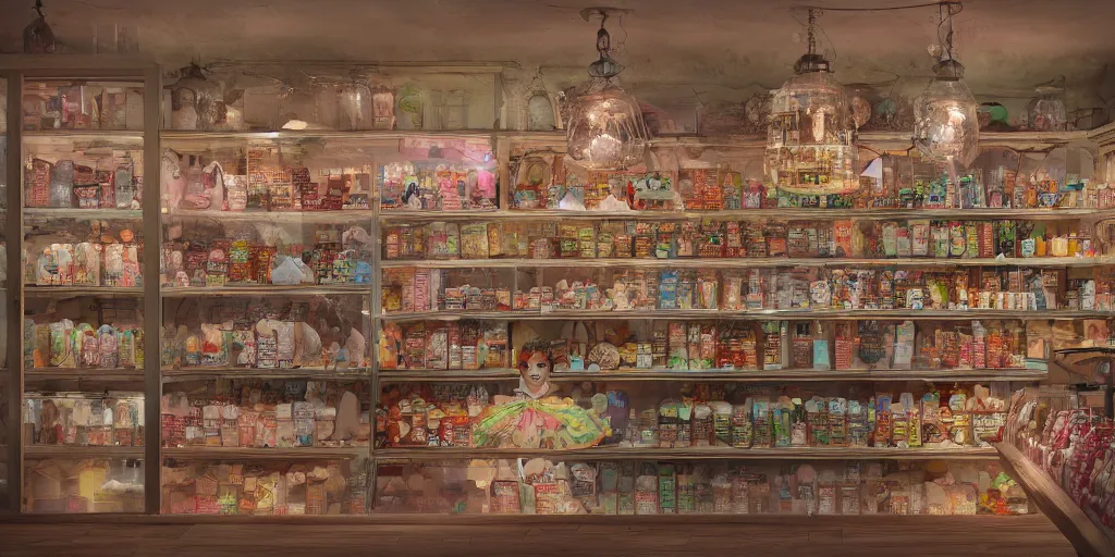 Prompt: Inside an old fashioned sweet shop, large sweet jars on shelves, beautiful brand labels, fantasy vendor interior, wide angle, cinematic, highly detailed, cinematic lighting, blender, photorealistic, colorful, trending on artstation