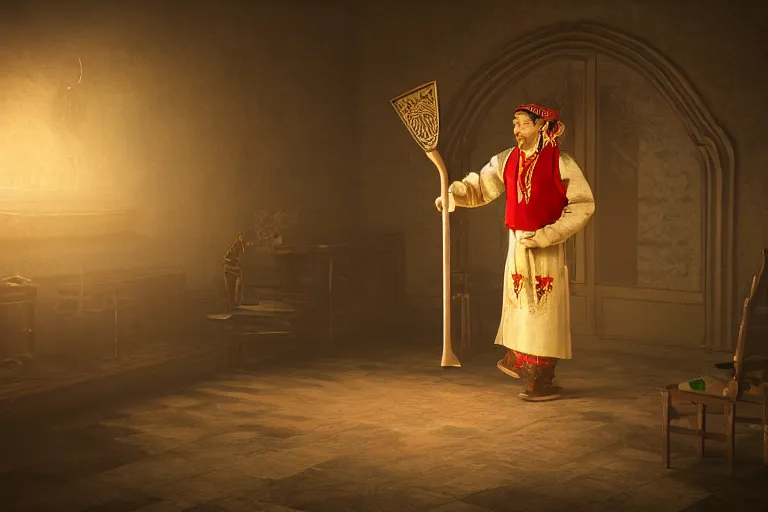 Prompt: theatre stage, romanian man in traditional romanian clothing with scythe, traditional romanian clothing, concept art, dramatic lighting, beautiful, volumetric lighting, colorful, octane render