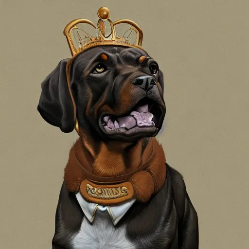 Image similar to ripped physique crown collar leash Man portrait Sherlock Samuel Beckett snout Detective Anthropomorphic furry fuzzy fashion vogue Rotweiler man wearing a Rotweiler costume wearing a hobo costume gerald brom bastien grivet greg rutkowski norman rockwell portrait face head snout ears eyes illustration tombow