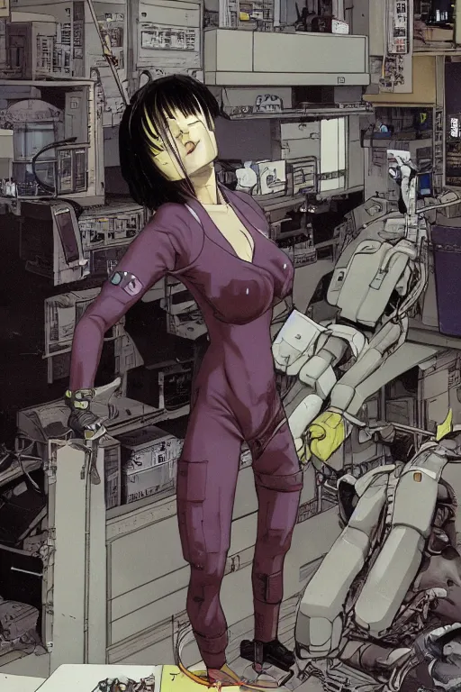 Prompt: fantastic cyberpunk illustration of motoko kusanagi in lab being repaired, by masamune shirow and katsuhiro otomo