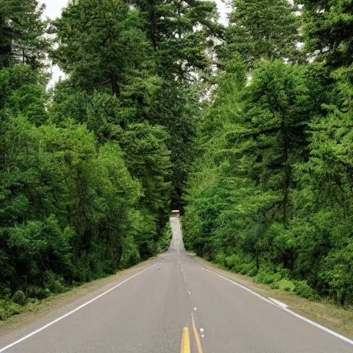 Prompt: tree in highway traffic. Sasquatch hides in the forest