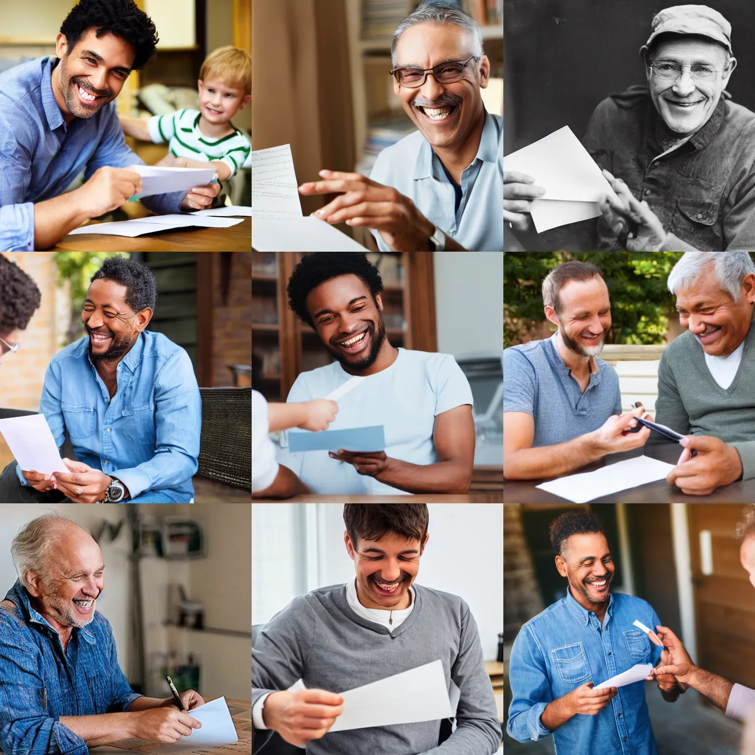Prompt: a photograph of a smiling man giving a letter to his exact copy