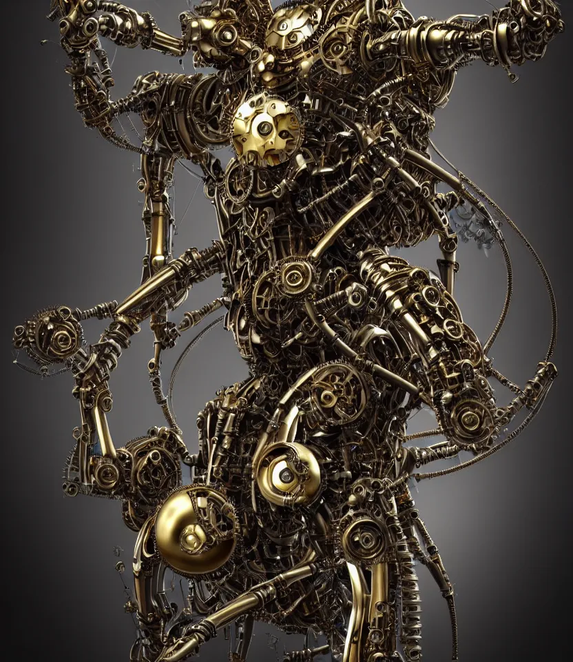 Image similar to steampunk cybernetic biomechanical robotic angel of death, symmetrical, front facing, 3 d model, very coherent symmetrical artwork, unreal engine realistic render, 8 k, micro detail, gold and steel intricate, elegant, highly detailed, digital painting, artstation, smooth, sharp focus, illustration, artgerm, tomasz alen kopera, wlop