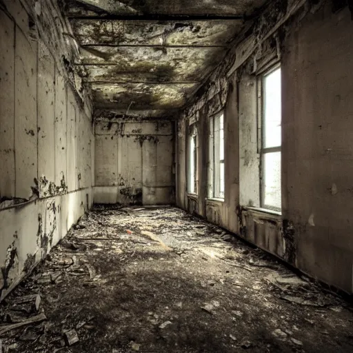 Prompt: Abandoned building interior, dimly lit