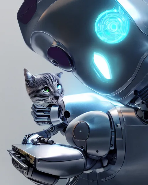 Image similar to a metallic robotic cyborg cat eating a computer mouse, cyberpunk, digital art, 8 k, trending on artstation