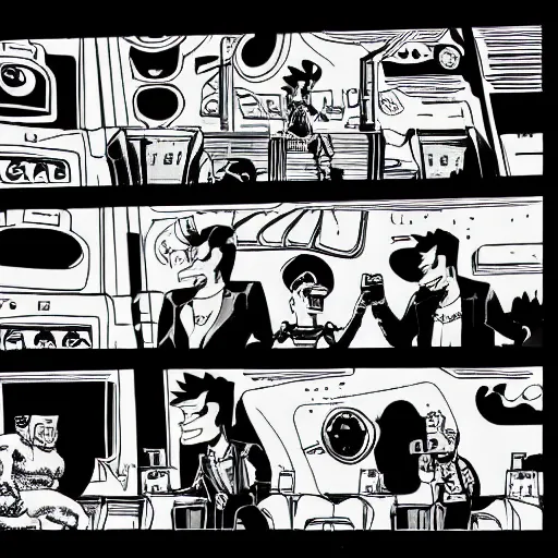 Prompt: a scene from futurama drawn in the style of frank miller's sin city comics, black and white, panels