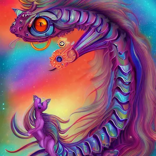 Prompt: long haired androgynous cat seahorse fursona, autistic bisexual graphic designer, coherent detailed painterly character design turnaround, weirdcore voidpunk digital art by delphin enjolras, wlop, louis wain, lisa frank, furaffinity, cgsociety, trending on deviantart