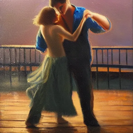 Prompt: A brunette Colombian woman and a Caucasian man dance on a misty pier at midnight, sensual, romantic, oil painting