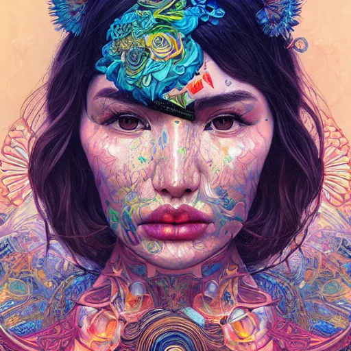 Image similar to portrait of gemma chan, hyper detailed masterpiece, neon floral pattern, jean giraud, digital art painting, darkwave goth aesthetic, psychedelic, artgerm, donato giancola and tom bagshaw