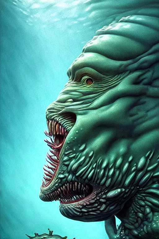 Image similar to hyperrealistic close-up surrealism underwater creature monster!! highly detailed concept art eric zener elson peter cinematic hard green lighting high angle hd 8k sharp shallow depth of field, inspired by David Paul Cronenberg and Zdzisław Beksiński