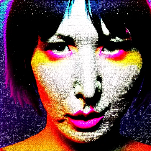 Image similar to Karen O of the Yeah Yeah Yeahs. Glitch effect. Pixel glitch. Chromatic Aberration. data moshing glitch art. 4k.