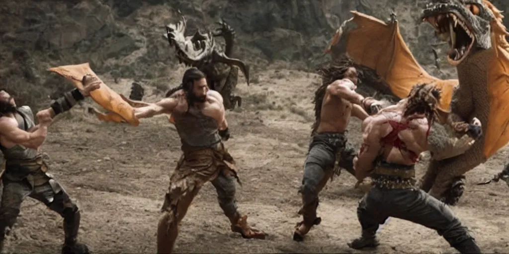 Prompt: shia labeouf punching a dragon in midair epic battle scene