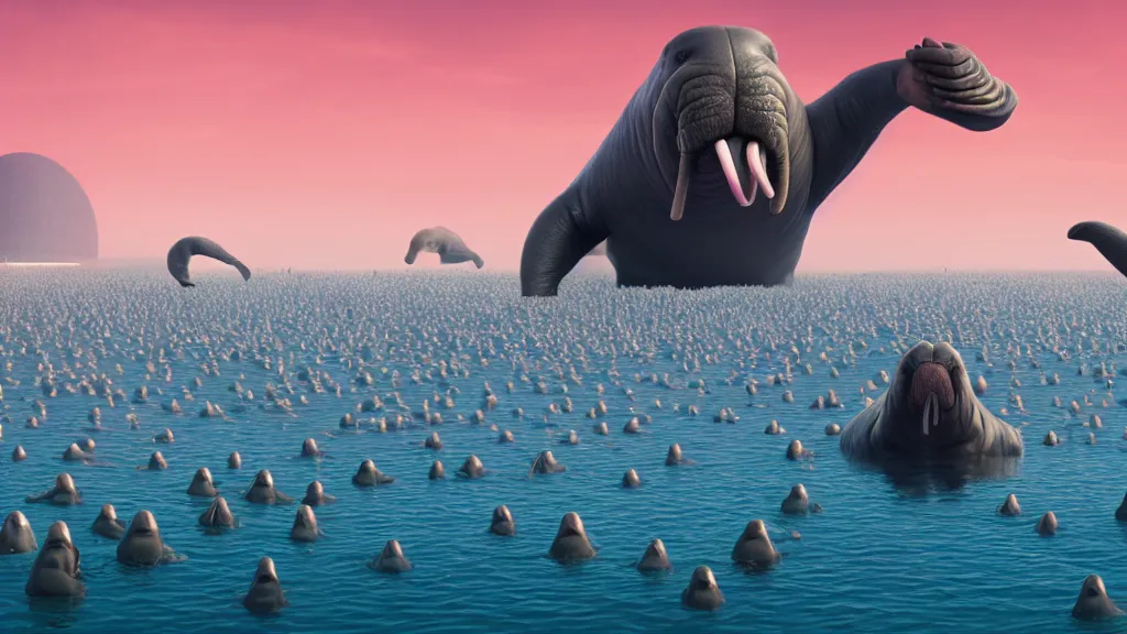 Prompt: an Epic Giant Walrus Battling floating over an army of 1000 Obama clones; cinema render by Beeple, 4K