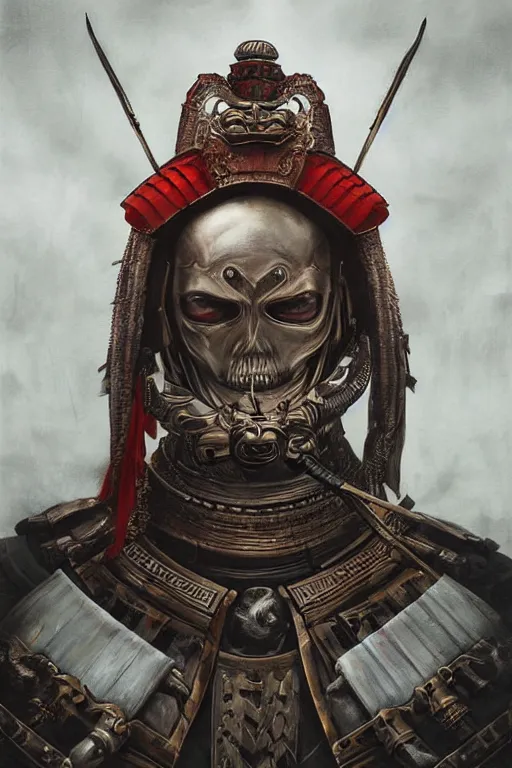 Prompt: digital painting low angle shot face portrait of samurai warrior by ayami kojima, tom bagshaw, tooth wu, in the style of dark - fantasy, samurai armour by h. r. giger, intricate detail, shogun, skull motifs, red, bronze, artgerm