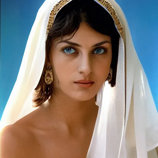 Prompt: young Monica Belluci as an Arab woman, tanned skintone, bright blue eyes, white veil, portrait