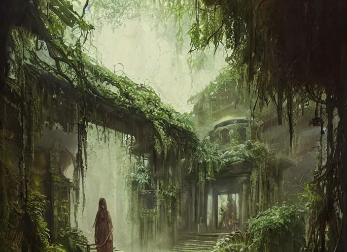 Image similar to a detailed watercolor painting of temple interior, overgrown with lush vines, greg rutkowski, digital art, trending on artstation, detailed matte painting