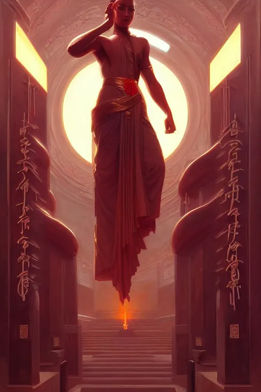 Image similar to temple, taoism, synthwave, painting by greg rutkowski, j. c. leyendecker, artgerm