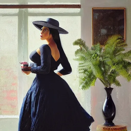 Image similar to happy very thick paint brush strokes paint texture full body fashion model kim kardashian by Jeremy Lipking by Hasui Kawase by Richard Schmid (((smokey eyes makeup eye shadow fantasy, glow, shimmer as victorian woman in a long white frilly lace dress and a large white hat having tea in a sunroom filled with flowers, roses and lush fern flowers ,intricate, night, highly detailed, dramatic lighting))) , high quality