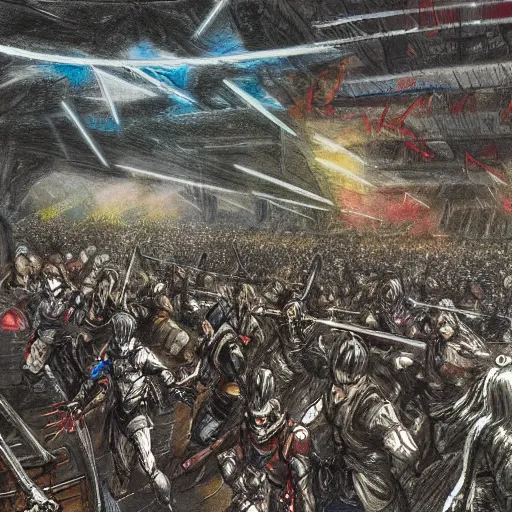 Image similar to one hero with sword looking at army of swordsmen in the background, in the middle of an arena, crowd of people, pencil art, straight, clear, added detail, high definiton, colored, aerial view, by yoji shinkawa