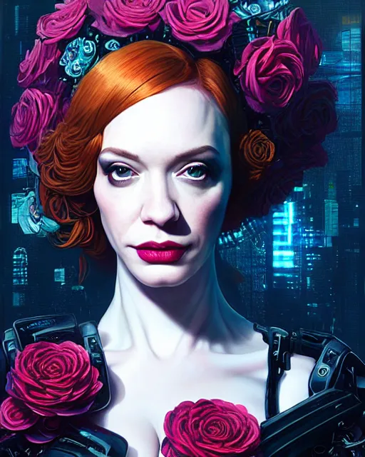 Image similar to portrait of christina hendricks with roses, cyberpunk cyborg. roses, sci - fi, intricate abstract upper body intricate artwork, by tooth wu, wlop, beeple, dan mumford. concept art, octane render, deviantart, greg rutkowski, cinematic arthouse, key art, hyper realism, iridescent accents