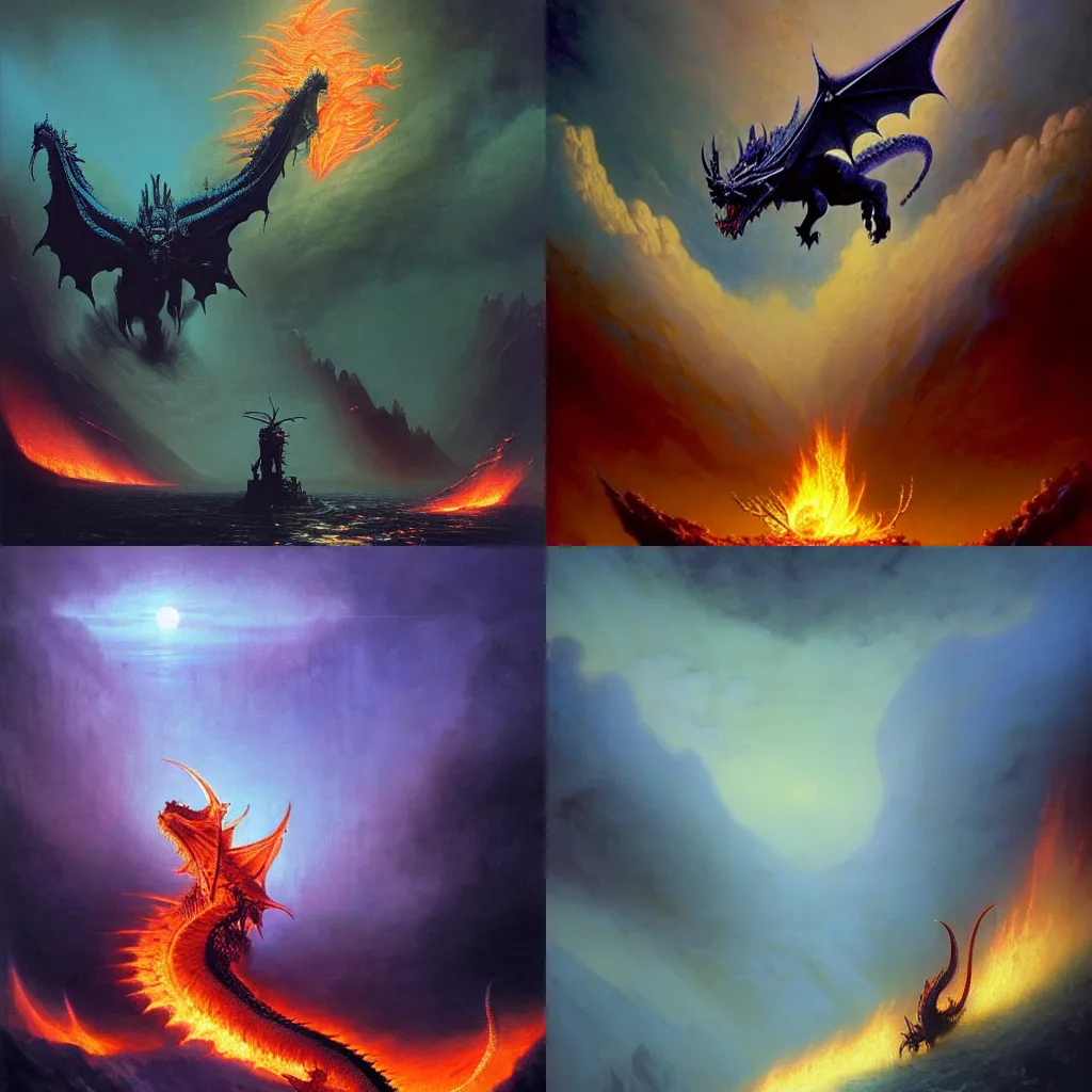 Prompt: An epic majestic gothic dragon bellowing fire, by Wayne Barlowe, by Ivan Aivazovsky, by Bruce Pennington, by Paul Lehr, masterpiece, oil on canvas, trending on artstation, top on pixiv, cinematic composition, dramatic scene, beautiful aesthetic lighting, artgem, concept art, sharp, high details, hyper-detailed, astrophotography, no frames, 8K