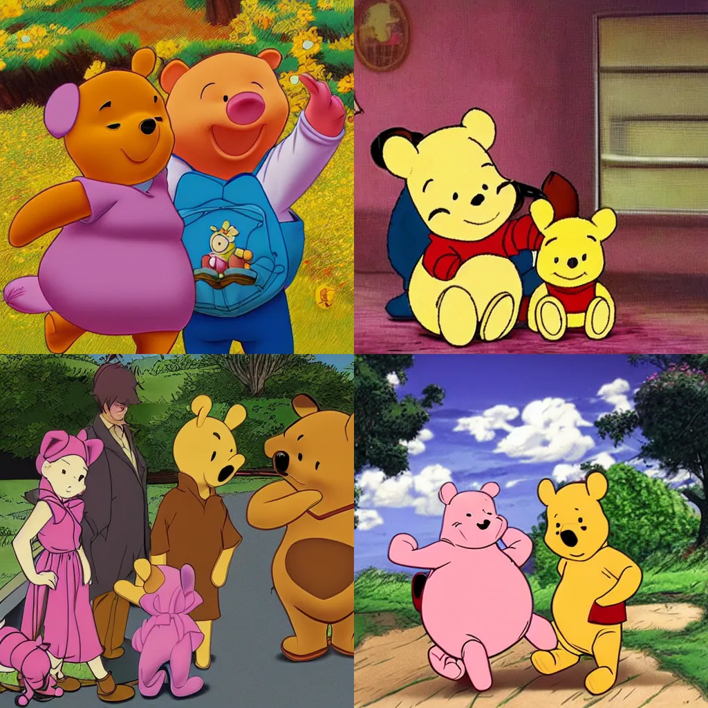Prompt: Anime winnie the pooh and piglet